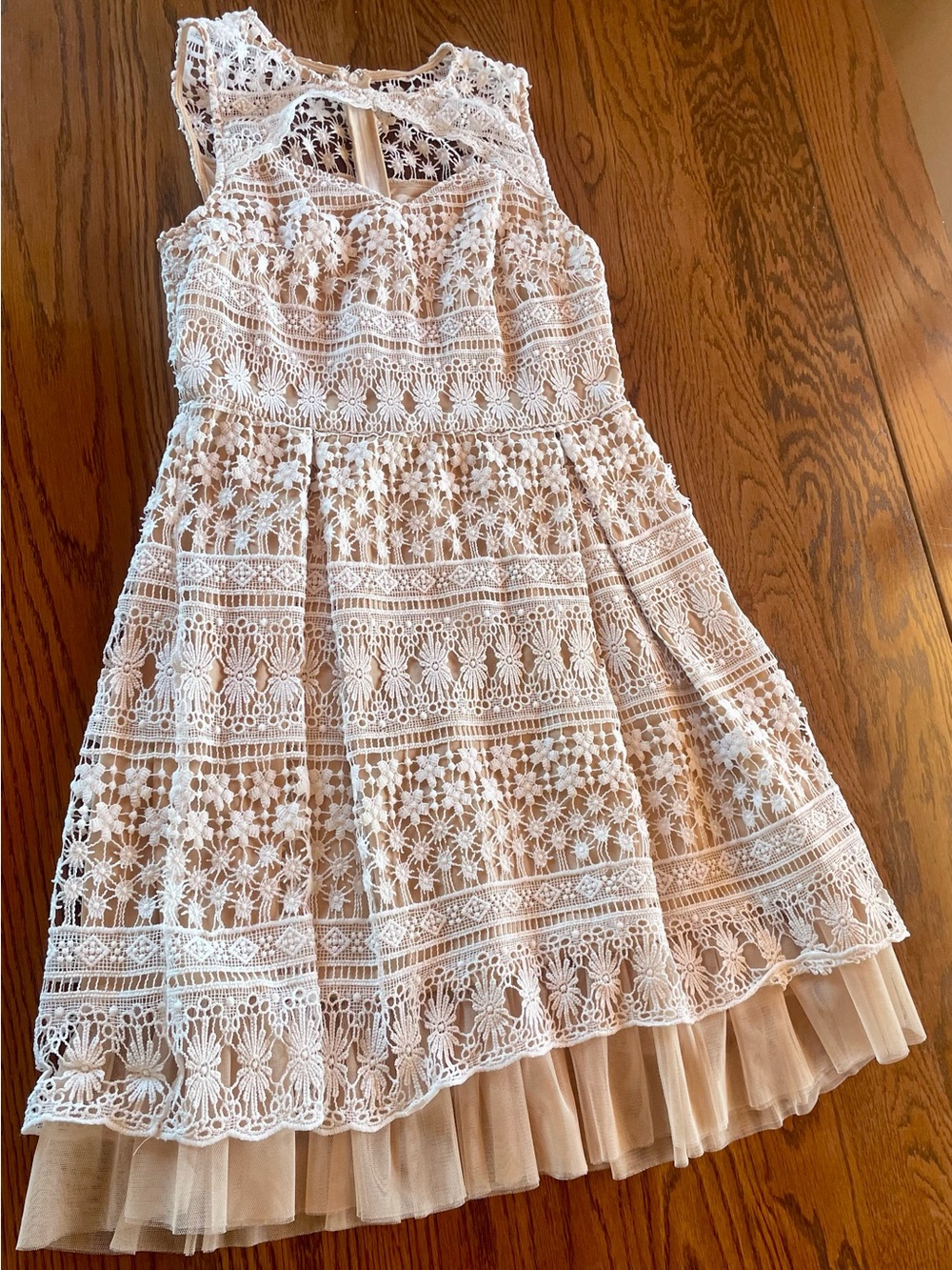 Francesca's Collections White Crochet Midi Dress with Tulle Underskirt